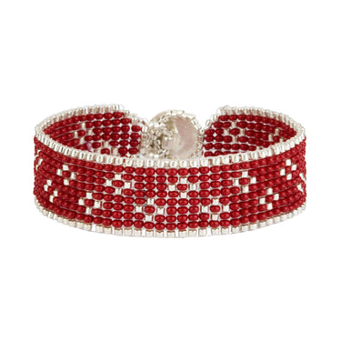 Brazalete Telar Plata Delgado Miniflor Rojo